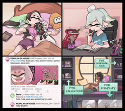  4girls amiibo bed bookshelf callie_(splatoon) character_doll eating english_text evil_smile food gomipomi lying marie_(splatoon) marina_(splatoon) messy_sleeper multiple_girls nintendo_switch on_back on_bed pearl_(splatoon) pocky reading shaded_face short_shorts shorts sitting sleeping sleepwear smile social_network splatoon_(series) splatoon_1 splatoon_2 stuffed_toy tentacle_hair twitter window 