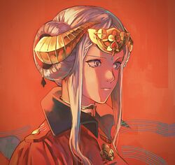  closed_mouth commentary_request edelgard_von_hresvelg fake_horns female fire_emblem fire_emblem:_three_houses grey_hair highres horns ikuta41 orange_background portrait purple_eyes sidelocks solo tied_hair 