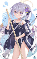  :o ahoge alternate_hairstyle angel_wings assault_rifle azusa_(blue_archive) black_ribbon blue_archive blue_background blue_jacket blue_one-piece_swimsuit blush breasts broom collarbone competition_school_swimsuit cowboy_shot crossed_bangs emblem feathered_wings female flower from_side grey_hair gun gun_on_back hair_between_eyes hair_ribbon halo high_ponytail highres holding holding_broom jacket long_hair long_sleeves looking_at_viewer low_wings off_shoulder one-piece_swimsuit parted_lips pink_flower pink_rose ponytail purple_eyes purple_flower purple_rose raglan_sleeves ribbon rifle rose school_swimsuit serika shoulder_strap sidelocks simple_background single_vertical_stripe small_breasts solo standing swimsuit swimsuit_under_clothes thighs track_jacket trinity_general_school_swimsuit two-tone_background very_long_hair water_drop weapon weapon_on_back white_background white_wings wing_ornament wings yellow_halo 