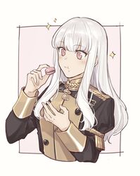  :t black_jacket blush commentary_request cropped_torso eating female fire_emblem fire_emblem:_three_houses food food_on_face garreg_mach_monastery_uniform highres holding holding_food jacket long_hair long_sleeves lysithea_von_ordelia macaron nanao_parakeet red_eyes solo straight_hair upper_body very_long_hair white_hair 