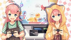  2girls ahoge animal_ears animal_hood black_overalls blue_eyes blush_stickers braid cat_ears controller fake_animal_ears game_console game_controller green_shirt hair_ornament hairclip highres hood hoodie kuri_(animejpholic) long_hair multiple_girls nintendo_switch oerba_yun_fang open_mouth original overalls pink_hair playing_games shirt short_sleeves siblings sisters striped_clothes striped_shirt television upper_body yellow_hoodie yellow_shirt 