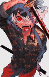  +_+ 1boy arm_over_head arm_up black_hair black_shirt blood blood_on_arm blood_on_clothes blood_on_face blood_on_hands blood_on_weapon collared_shirt colored_tips commentary cowboy_shot fangs flaming_eye floral_print grey_background hair_between_eyes highres katana looking_at_viewer male_focus multicolored_hair original pants red_eyes red_pants scar scar_on_chest shinagire_(sinanohaka) shirt short_eyebrows short_hair signature solo sword symbol-only_commentary symbol-shaped_pupils two-tone_hair unsheathed weapon white_hair 