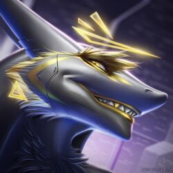  1:1 2021 anthro cheek_tuft dated facial_markings facial_tuft female fur glistening glistening_eyes grey_body grey_fur grin head_markings markings multicolored_body multicolored_fur neck_tuft sergal sharp_teeth signature simple_background slash_freezen smile solo teeth tuft two_tone_body two_tone_fur yellow_body yellow_eyes yellow_fur yellow_markings 