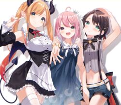  3girls :d ahoge apron aqua_eyes black_bow black_dress blonde_hair blue_dress blue_hair blue_shorts bow bracelet braid breasts brown_hair closed_mouth commentary_request crescent_print crop_top crown demon_girl demon_horns demon_tail demon_wings detached_sleeves dress frilled_apron frilled_dress frills garter_straps gradient_hair green_eyes grey_shirt hair_ribbon heterochromia highres himemori_luna himemori_luna_(sundress) hololive horns jewelry kanae_(inorin05kanae) long_hair long_sleeves looking_at_viewer maid md5_mismatch medium_breasts mini_crown multicolored_hair multiple_girls official_alternate_costume oozora_subaru oozora_subaru_(work) open_mouth orange_hair outstretched_arm pink_hair pointy_ears purple_eyes reaching reaching_towards_viewer ribbon ribbon-trimmed_legwear ribbon_trim sailor_collar shirt short_hair short_shorts shorts sleeveless sleeveless_dress sleeveless_shirt smile star_(symbol) star_print starry_sky_print suspender_shorts suspenders tail thighhighs twintails virtual_youtuber white_apron white_bow white_legwear white_sailor_collar wings yuzuki_choco yuzuki_choco_(maid) 