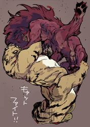  absurd_res ajayi_(ryo_sumiyoshi) black_stripes dahabu_(ryo_sumiyoshi) duo felid felid_taur fight hi_res japanese_text lion lion_taur male mammal mammal_taur mane muscular muscular_male pantherine pantherine_taur red_body ryo_sumiyoshi stripes taur text tiger tiger_taur translated yellow_body 