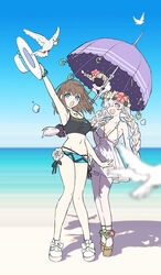  2girls anastasia_(fate) anastasia_(swimsuit_archer)_(fate) anastasia_(swimsuit_archer)_(second_ascension)_(fate) bare_shoulders beach bikini bird black_bikini blue_bikini blue_eyes blue_sky blush bow braid breasts brown_hair charlotte_corday_(fate) charlotte_corday_(swimsuit_caster)_(fate) charlotte_corday_(swimsuit_caster)_(first_ascension)_(fate) cleavage collarbone day doll dove dress dress_swimsuit fate/grand_order fate_(series) flower flower_wreath green_eyes hair_over_one_eye hairbow hat head_wreath highres jewelry large_breasts long_hair mismatched_bikini multiple_girls navel necklace ocean open_mouth outdoors parasol pendant shore short_hair side_braid sky smile sun_hat swimsuit twin_braids umbrella very_long_hair viy_(fate) wada_arco water white_dress white_hair white_headwear 