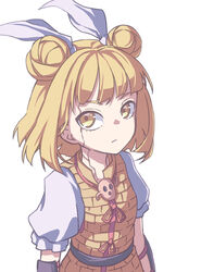  absurdres blonde_hair commentary cracked_skin double_bun dress eyebrows_hidden_by_hair female hair_bun hair_ribbon highres joutouguu_mayumi kame_(kamepan44231) looking_at_viewer one-hour_drawing_challenge ribbon short_hair short_sleeves simple_background solo touhou upper_body vambraces white_background white_ribbon yellow_dress yellow_eyes 