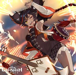  absurdres arm_up armpits black_hair black_nails blonde_hair breasts dark-skinned_female dark_skin detached_sleeves english_commentary fangs female genshin_impact hairband highres holding holding_instrument instrument logo looking_at_viewer lute_(instrument) medium_breasts multicolored_hair nail_polish official_art one_eye_closed open_mouth red_hair second-party_source shorts solo spiked_hairband spikes streaked_hair twintails white_shorts xinyan_(genshin_impact) 