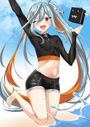  ;d absurdres arm_up barefoot black_shorts breasts counter:side crop_top elze_(s01047480836) female hand_up highres korean_commentary legs_up long_hair long_sleeves looking_at_viewer machine-g.a.p. midriff multicolored_hair navel one_eye_closed open_mouth orange_hair rash_guard red_eyes robot short_shorts shorts side_ponytail sigma_(counter:side) small_breasts smile solo stomach thighs two-tone_hair very_long_hair white_hair 