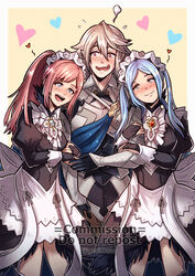  1boy 2girls arm_hug armor black_gloves blue_hair blush bridal_gauntlets commission corrin_(fire_emblem) corrin_(male)_(fire_emblem) double_arm_hug embarrassed english_commentary felicia_(fire_emblem) fire_emblem fire_emblem_fates flora_(fire_emblem) flying_sweatdrops gloves grey_hair gzei harem heart heart-shaped_pupils highres maid maid_headdress multiple_girls oerba_yun_fang pink_hair pointy_ears ponytail red_eyes smile symbol-shaped_pupils twintails 