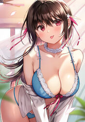  :p bare_shoulders black_hair blue_bra blue_panties bra breasts choker cleavage collarbone cowboy_shot female frilled_bra frilled_choker frills front-tie_bra front-tie_top hair_ribbon highres large_breasts leaning_forward lingerie long_hair long_sleeves looking_at_viewer nishizawa off_shoulder open_clothes open_shirt original panties red_eyes ribbon shirt sidelocks skindentation solo spaghetti_strap string_bra tongue tongue_out underwear white_shirt 