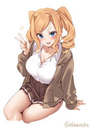  alternate_costume blonde_hair blue_eyes blush breasts brown_skirt cleavage collarbone collared_shirt cropped_legs drill_hair ebifurya female hair_between_eyes highres honolulu_(kancolle) jacket kantai_collection large_breasts long_hair long_sleeves looking_at_viewer one-hour_drawing_challenge open_clothes open_jacket open_mouth pleated_skirt school_uniform shirt simple_background sitting skirt smile solo sparks tongue tongue_out twin_drills twintails twitter_username v white_background white_shirt 