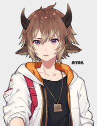  1boy ahoge anchun_(quail0503) androgynous animal_ears arknights bison_(arknights) black_shirt brown_eyes brown_hair character_name cow_boy cow_ears cow_horns grey_background hair_between_eyes hair_ornament highres horns id_card jacket jewelry male_focus necklace open_clothes open_jacket parted_lips shirt short_hair simple_background sleeves_rolled_up solo upper_body white_jacket 