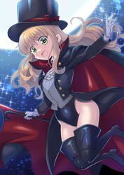  black_cloak black_footwear black_hat black_jacket black_leotard black_thighhighs blonde_hair boots bow bowtie cane cloak commission female full_moon gloves green_eyes grey_vest hat highres hizaki_tomoko huge_moon jacket jumping leotard leotard_under_clothes long_hair moon night night_sky open_mouth original outdoors outstretched_arm phantom_thief phantom_thief_(kkmomo67) red_cloak shirt skeb_commission sky smile solo star_(sky) thigh_boots thighhighs thighs top_hat two-tone_cloak vest white_gloves white_shirt 