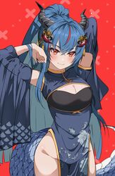  absurdres black_shirt blue_dress blue_hair blush breasts china_dress chinese_clothes detached_sleeves dragon_girl dragon_horns dragon_tail dress female floral_print hair_ornament high_ponytail highres horns isekai_tensei_shite_v_ni_narimashita kohaku_wakana long_hair long_sleeves looking_at_viewer multicolored_hair no_panties oerba_yun_fang pelvic_curtain red_background red_eyes red_hair shirt skin_fang slit_pupils smile solo streaked_hair tail tomo0843 very_long_hair virtual_youtuber 