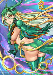  armor artist_name ass blonde_hair breasts butt_crack female green_hair hair_between_eyes large_breasts long_hair mecha_musume multicolored_hair open_mouth patreon_username personification pokemon rayquaza redjet sky slit_pupils smile solo subscribestar_username thighhighs two-tone_hair underboob web_address yellow_eyes 