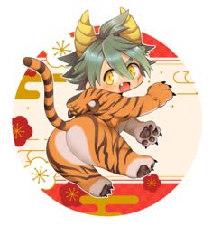  1boy animal_costume animal_ears animal_hands animal_print ass ass_focus blush chibi fake_animal_ears fang_out full_body green_hair hair_between_eyes highres hood hood_down kemonomimi_mode looking_at_viewer male_focus master_utsushi monster_hunter_(series) monster_hunter_rise mumumu_(ahomoidasuyo) oerba_yun_fang short_hair solo tail tail_raised thick_eyebrows tiger_costume tiger_ears tiger_print tiger_tail 