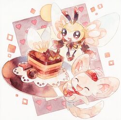  :d blush closed_eyes clothed_pokemon commentary_request dessert diamond_(shape) food hat heart minccino no_humans oharu-chan open_mouth own_hands_together pokemon pokemon_(creature) pokemon_cafe_remix red_headwear ribombee smile tongue 