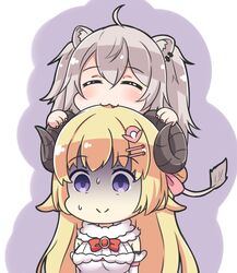  2girls :3 ahoge animal_ear_fluff animal_ears biting blonde_hair bow breasts claws closed_eyes closed_mouth commentary curled_horns detached_sleeves dress facing_viewer grey_hair hair_between_eyes hair_ornament hairclip head_biting highres hololive horns large_breasts lion_ears lion_girl lion_tail long_hair multiple_girls oerba_yun_fang purple_background purple_eyes red_bow rutorifuki sheep_ears sheep_girl sheep_horns shishiro_botan smile tail tsunomaki_watame tsunomaki_watame_(1st_costume) turn_pale two-tone_background two_side_up upper_body very_long_hair virtual_youtuber white_background white_dress white_sleeves 