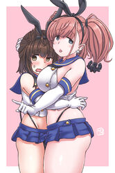  1boy anchor_hair_ornament atlanta_(kancolle) black_hairband black_neckerchief black_panties blue_skirt breasts brown_hair cosplay cowboy_shot crop_top crossdressing earrings elbow_gloves female fukidamari_no_peke genderswap_(ftm) gloves grey_eyes hair_flaps hair_ornament hairband hatsuzuki_(kancolle) height_difference highleg highleg_panties highres jewelry kantai_collection large_breasts long_hair microskirt neckerchief otoko_no_ko panties pleated_skirt rule_63 shimakaze_(kancolle) shimakaze_(kancolle)_(cosplay) short_hair single_earring skirt standing star_(symbol) star_earrings striped_clothes striped_thighhighs textless_version thighhighs thong tongue tongue_out two_side_up underwear white_gloves yellow_eyes 