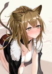  absurdres all_fours animal_ears arknights black_choker black_jacket blush breasts brown_hair choker cleavage closed_mouth commentary eyelashes feet_out_of_frame female fur-trimmed_jacket fur-trimmed_shorts fur_trim hair_between_eyes highres jacket lion_ears lion_girl lion_tail long_hair looking_up medium_breasts neko_no_youchuu open_clothes open_jacket ponytail red_shorts short_shorts shorts siege_(arknights) solo sweatdrop tail tank_top white_tank_top yellow_eyes 