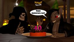  16:9 3d_(artwork) absurd_res anniversary anthro cake candle death_(personification) dessert dialogue digital_media_(artwork) duo fan_character food garry&#039;s_mod gesture grim_reaper hand_gesture hi_res humanoid kurt_marek_(mr-wolfapex) male melee_weapon mr-wolfapex ok_sign polearm scythe spirit_halloween weapon widescreen 