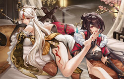  2girls bare_legs barefoot beidou_(genshin_impact) black_gloves black_legwear breasts brown_hair chinese_commentary claw_ring commentary_request dress eyepatch feet feet_up fingerless_gloves foot_worship fur_trim genshin_impact gloves hair_ornament hair_over_one_eye hair_stick highres holding holding_another&#039;s_foot holding_smoking_pipe indoors kacyu large_breasts leg_tattoo licking licking_foot long_hair looking_at_viewer lying multiple_girls ningguang_(genshin_impact) no_shoes on_bed on_stomach parted_bangs parted_lips pink_nails red_dress red_eyes red_nails revision short_sleeves smoking_pipe tattoo thighhighs toenails toes tongue tongue_out very_long_hair white_dress white_hair yuri 