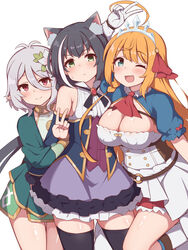  3girls ;d absurdres ahoge animal_ear_fluff animal_ears antenna_hair blue_eyes blush braid breasts cat_ears cat_girl cleavage closed_mouth dress elf fizz_(pixiv34498626) flat_chest flower gloves green_dress green_eyes grey_hair hair_between_eyes hair_flower hair_ornament highres karyl_(princess_connect!) kokkoro_(princess_connect!) large_breasts long_hair multicolored_hair multiple_girls necktie one_eye_closed open_mouth orange_hair pecorine_(princess_connect!) pink_eyes pointy_ears princess_connect! purple_dress purple_hair purple_legwear short_hair simple_background sleeveless sleeveless_dress smile socks streaked_hair thighhighs tiara v white_background white_gloves white_legwear 