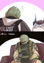  2boys absurdres arknights blitz_(rainbow_six_siege) body_armor camouflage cellphone closed_eyes commentary crossover disembodied_hand english_text female german_text girls&#039;_frontline gloves headpat helmet highres liskarm_(arknights) military military_uniform multiple_boys phone police police_uniform rainbow_six_siege stukov tachanka_(rainbow_six_siege) tactical_clothes uniform 