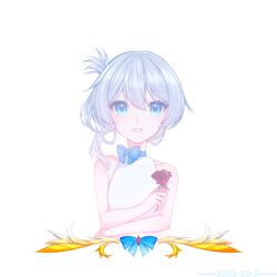  blue_eyes closed_mouth dress female flower grin hair_between_eyes hair_ornament highres holding holding_flower honkai_(series) honkai_impact_3rd looking_at_viewer open_mouth purple_flower purple_rose qaliw rose simple_background sleeveless sleeveless_dress smile solo teeth theresa_apocalypse white_background white_dress white_hair 