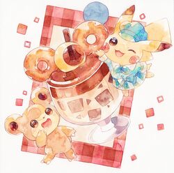  ;d blush brown_eyes claws commentary_request doughnut drooling food glass no_humans oharu-chan one_eye_closed open_mouth pikachu pokemon pokemon_(creature) pokemon_cafe_remix saliva smile teddiursa tongue 