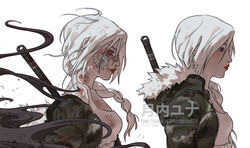  bandaid black_eyes blood blood_on_clothes blood_on_face camouflage camouflage_jacket character_name character_profile commission female fisher903 jacket lipstick long_hair long_sleeves makeup naruto naruto_(series) ninja original reference_sheet shirt shrine side_ponytail simple_background solo sword sword_behind_back weapon white_background white_hair white_shirt 