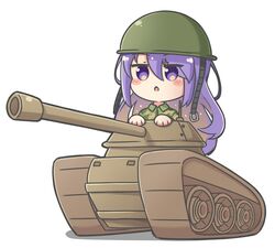  :o alternate_costume blush_stickers brown_hair camouflage camouflage_shirt chibi collared_shirt commentary_request dress_shirt female full_body gradient_hair green_shirt hair_between_eyes helmet highres hololive hololive_indonesia long_hair military military_vehicle moona_hoshinova motor_vehicle multicolored_hair parted_lips purple_eyes purple_hair rutorifuki shirt simple_background solo tank very_long_hair virtual_youtuber white_background 