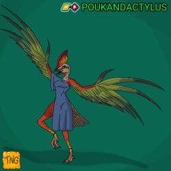  1:1 anthro avian bird bottomwear clothing dress female happy hi_res hybrid poukandactylus skirt solo the_nameless_guy 