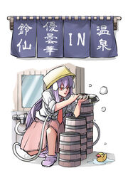  absurdres animal_ears blouse bowl bowl_hat bucket commentary_request cover cover_page doujin_cover female hat highres holding holding_shower_head long_hair looking_away necktie noren peroponesosu. pink_skirt puddle purple_footwear purple_hair rabbit_ears red_eyes red_necktie reisen_udongein_inaba rubber_duck shirt shoes shower_head sidelocks skirt solo squatting touhou unconventional_gun very_long_hair washbowl white_background white_shirt yellow_hat 