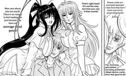  1boy 2girls :d absurdres ahoge bb_(baalbuddy) breast_press breasts closed_mouth commentary depressed empty_eyes english_commentary english_text greyscale high_school_dxd highres himejima_akeno hyoudou_issei kuoh_academy_school_uniform large_breasts long_sleeves miniskirt monochrome multiple_girls necktie netorare pleated_skirt puffy_short_sleeves puffy_sleeves rias_gremory school_uniform short_necktie short_sleeves simple_background skirt small_penis_humiliation smile straight white_background 