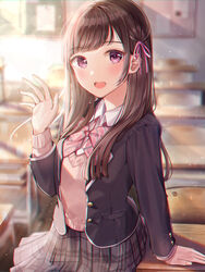  :d black_hair blazer blurry blurry_background blush cardigan classroom collared_shirt desk female hair_ribbon hand_on_table hand_up highres indoors jacket long_hair long_sleeves looking_at_viewer morning open_cardigan open_clothes open_mouth original pink_ribbon plaid plaid_skirt purple_eyes ribbon sakura_(39ra) school_uniform shirt skirt smile solo sunlight uniform waving 