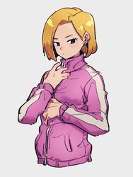  android_18 blonde_hair blue_eyes closed_mouth commentary_request dragon_ball dragon_ball_super earrings female grey_background jacket jewelry kemachiku long_sleeves looking_at_viewer pink_jacket short_hair simple_background solo upper_body 