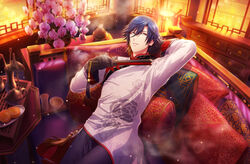  1boy architecture arm_behind_head black_gloves black_pants blue_eyes blue_hair changpao chinese_clothes couch cowboy_shot cushion drawer earrings east_asian_architecture eyeliner floral_print flower folded_fan folding_fan game_cg gloves hair_between_eyes hand_fan highres holding holding_fan ichinose_tokiya incense_burner indoors jewelry lantern lattice light_particles looking_at_viewer makeup male_focus mooncake official_art orchid pants parted_lips plate reclining red_eyeliner rose_print short_hair single_earring smoke solo table tassel teapot third-party_source uta_no_prince-sama uta_no_prince-sama:_shining_live vase 