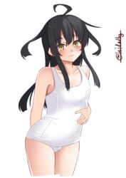  ahoge arms_behind_back black_hair collarbone cowboy_shot female flat_chest hair_between_eyes hand_on_own_stomach highres ishida_arata jitome kantai_collection long_hair looking_at_viewer mikazuki_(kancolle) one-piece_swimsuit school_swimsuit signature simple_background smile solo swimsuit twitter_username white_background white_one-piece_swimsuit yellow_eyes 