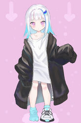  absurdres alternate_height bare_legs black_jacket blue_socks blush closed_mouth colored_inner_hair female hair_ornament hairclip highres jacket lize_helesta long_hair long_sleeves multicolored_hair nijisanji off-shoulder_shirt off_shoulder open_clothes open_jacket oversized_clothes purple_eyes ruwo_benzen shirt shoes single_shoe sneakers socks solo streaked_hair virtual_youtuber white_footwear white_hair white_shirt 