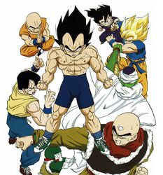  6+boys abs absurdres aqua_hair bald bike_shorts black_eyes black_hair blonde_hair blue_legwear blue_shirt cape chaozu clenched_hands clenched_teeth closed_eyes closed_mouth dougi dragon_ball dragon_ball_z fighting_stance fingernails green_footwear highres indian_style interlocked_fingers kuji-in kuririn long_sleeves male_focus meditation mudra multiple_boys muscular muscular_male official_art orange_pants outstretched_arm own_hands_together pants pectorals piccolo pointy_ears red_footwear red_scarf scar scar_across_eye scar_on_arm scar_on_cheek scar_on_chest scar_on_face scar_on_leg scarf shirt shoes short_sleeves simple_background sitting sleeveless sleeveless_shirt sneakers socks son_gohan son_goku spiked_hair super_saiyan super_saiyan_1 sweat sweatpants teeth tenshinhan third_eye topless_male toriyama_akira training turban v-shaped_eyebrows vegeta white_background white_cape wristband yamcha yellow_shirt 