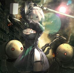  2b_(nier:automata) arms_up black_dress black_gloves black_thighhighs blue_eyes boots breasts building cleavage cleavage_cutout clothing_cutout cloud cloudy_sky dress dust feather-trimmed_sleeves female gloves grey_hair holding holding_sword holding_weapon juliet_sleeves katana large_breasts long_bangs long_sleeves looking_at_viewer machine_(nier) nier:automata nier_(series) pod_(nier:automata) puffy_sleeves ruins short_hair side_slit sky sun sword thigh_boots thighhighs weapon xia_0328 yellow_sky 