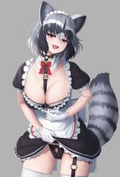  :d animal_ears apron between_breasts black_bra black_hair black_panties bow bow_bra bow_panties bra breasts brown_eyes collar collarbone commentary common_raccoon_(kemono_friends) cowboy_shot deku_suke detached_collar english_commentary extra_ears female frilled_apron frilled_skirt frills gloves grey_background grey_hair hair_between_eyes head_tilt highres japari_symbol kemono_friends large_breasts lifting_own_clothes looking_at_viewer maid medium_hair multicolored_hair o-ring oerba_yun_fang panties puffy_short_sleeves puffy_sleeves raccoon_ears raccoon_girl raccoon_tail short_sleeves simple_background skin_fang skindentation skirt smile solo strap_between_breasts striped_tail tail thighhighs underwear waist_apron white_gloves white_thighhighs 