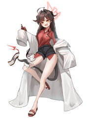  absurdres bare_legs black_shorts blue_archive blush breasts brown_hair coat coat_partially_removed commentary demon_horns demon_tail detonator doodle_sensei_(blue_archive) female fluffyebi01 full_body halo highres horns kasumi_(blue_archive) lab_coat looking_at_another oerba_yun_fang open_collar red_shirt sandals sensei_(blue_archive) shirt shirt_tucked_in shorts simple_background sleeves_past_fingers sleeves_past_wrists small_breasts smile tail toes white_background white_coat 