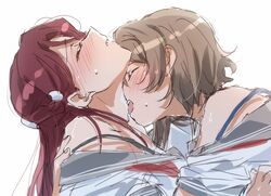  2girls absurdres blush bra_strap closed_eyes commentary grey_hair highres licking licking_another&#039;s_neck long_hair love_live! love_live!_sunshine!! multiple_girls parted_lips red_hair sakurauchi_riko school_uniform serafuku shirt short_hair simple_background sweat upper_body watanabe_you white_background white_shirt yuchi_(salmon-1000) yuri 