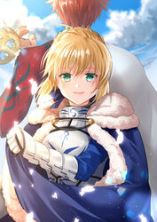  1boy ahoge armor artoria_pendragon_(fate) back-to-back blonde_hair blue_bow blue_cape bow braid cape cape_grab closed_mouth cloud crown emiya_shirou fate/grand_order fate_(series) female gauntlets green_eyes hairbow highres holding holding_crown iroha_(shiki) looking_at_viewer orange_hair saber_(fate) senji_muramasa_(fate) short_hair sky smile unworn_crown upper_body 