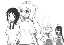  4girls absurdres blush chito_(shoujo_shuumatsu_ryokou) commentary egg_yolk food food_on_head fried_egg glasses greyscale highres holding_hands long_hair loose_clothes loose_shirt monochrome multiple_girls mushroom mushroom_on_head object_on_head school_uniform shimeji_simulation shirt shoujo_shuumatsu_ryokou steam translated tsukishima_shijima twintails und2 yamashita_majime yuri yuuri_(shoujo_shuumatsu_ryokou) 