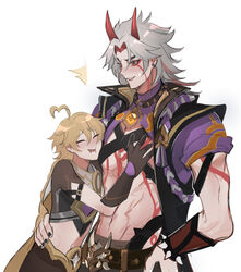  2boys abs aether_(genshin_impact) ahoge arataki_itto bad_id bad_twitter_id belt black_nails blonde_hair blush body_markings closed_eyes drooling ear_piercing face_to_pecs fangs genshin_impact gloves grabbing grey_hair groping ha_ze hair_between_eyes hand_on_own_hip highres horns japanese_clothes long_hair male_focus mouth_drool multiple_boys muscular muscular_male nail_polish parted_lips pectoral_grab pectorals piercing red_eyes simple_background spikes sweat tassel vision_(genshin_impact) white_background yaoi 