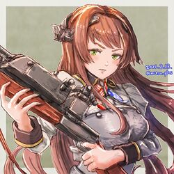  absurdres american_flag armor blunt_bangs breastplate brown_hair browning_auto_5 commentary_request dated female green_eyes gun headgear helena_(kancolle) highres holding holding_gun holding_weapon kantai_collection long_hair looking_at_viewer military military_uniform mitsu_plus neck_ribbon ribbon rifle solo twitter_username uniform upper_body weapon 